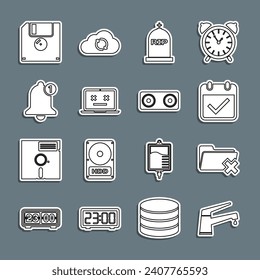 Set line Water tap, Delete folder, Calendar with check mark, Tombstone RIP written, Dead laptop, Bell, Floppy disk and Stereo speaker icon. Vector