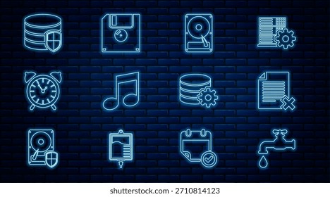 Set line Water tap, Delete file document, Hard disk drive HDD, Music note, tone, Alarm clock, Database protection, Setting database server and Floppy icon. Vector