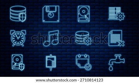 Set line Water tap, Delete file document, Hard disk drive HDD, Music note, tone, Alarm clock, Database protection, Setting database server and Floppy icon. Vector