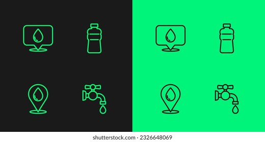 Set line Water tap, drop with location,  and Bottle of water icon. Vector