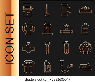 Fijar la línea de grifo de agua, gota prohibida, botella grande con agua limpia, tubería metálica de la industria, hidrante de fuego, pozo y icono de válvula. Vector