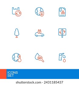 Set line Water tap, Drop and magnifying glass, Earth melting to global warming, Recycle symbol, Tree, Electric car, Radioactive waste barrel and with shield icon. Vector