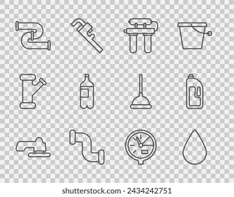 Set line Water tap, drop, filter, Industry metallic pipe, Bottle of water, meter and Container with drain cleaner icon. Vector