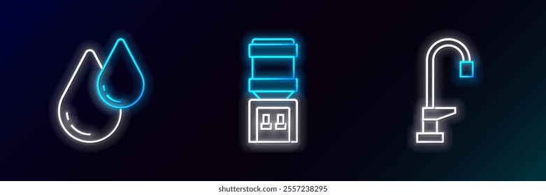 Set line Water tap, drop and cooler icon. Glowing neon. Vector