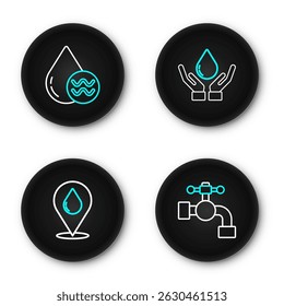 Set line torneira de água, gota com localização, lavar as mãos sabão e reciclar ícone de água limpa. Vetor