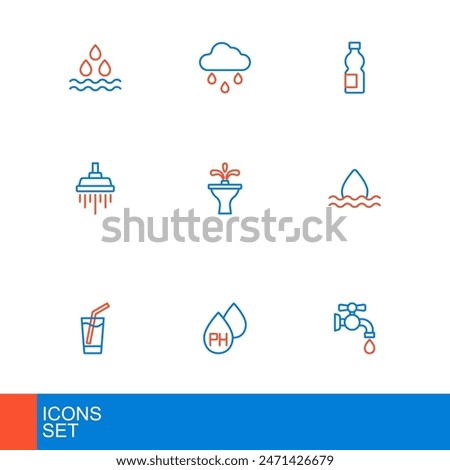 Set line Water tap, drop, Glass with water, Shower, Fountain, Bottle of and Cloud rain icon. Vector