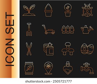 Set line Water tap, Easter egg, Watering can, Forest, Lawn mower, Garden rake, Sprout and fence wooden icon. Vector