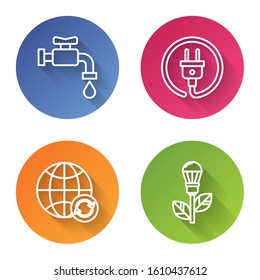 Set line Water tap, Electric plug, Planet earth and a recycling and Light bulb with leaf. Color circle button. Vector