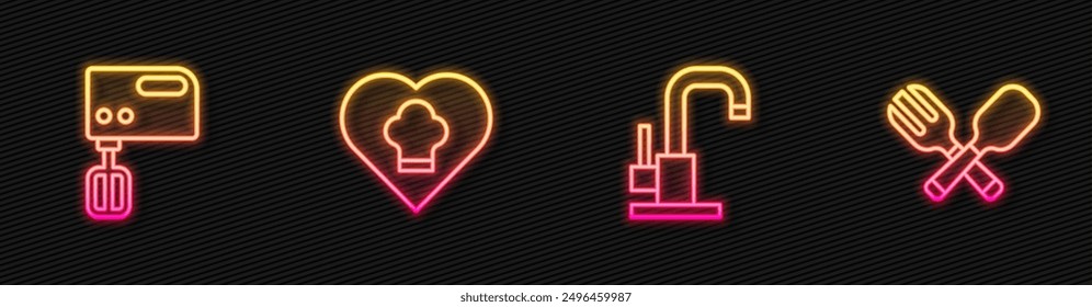 Set line Water tap, Electric mixer, Chef hat and Crossed fork and spoon. Glowing neon icon. Vector