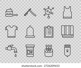 Grifo de agua, cortadora de cabello o afeitadora eléctrica, virus, botella de medicina, cepillo de dientes con pasta de dientes, condón, hisopo de algodón para las orejas e icono de pila de toallas. Vector