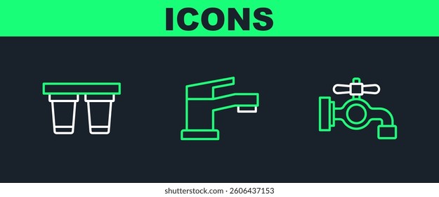 Set line Water tap, filter and  icon. Vector