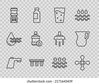 Set line Water tap, Glass with water, filter, cooler, Big bottle clean, Waves of and evaporation and Jug glass icon. Vector