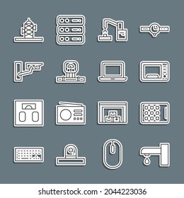 Set line Water tap, Graphic tablet, Microwave oven, Robotic robot arm hand factory, Smart sensor, Security camera, Antenna and Laptop icon. Vector