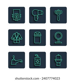 Set line Water tap, Hand sanitizer bottle, Toilet bowl, Shaving razor, Trash can, Bathrobe, Gas boiler and Round makeup mirror icon. Vector
