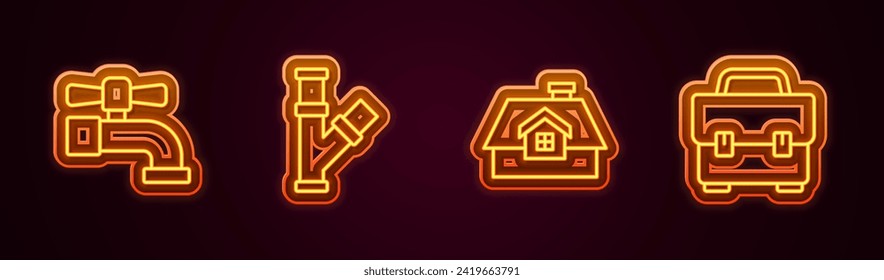 Set line Water tap, Industry metallic pipe, House and Toolbox. Glowing neon icon. Vector
