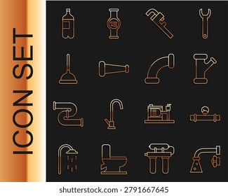 Set line Water tap, Industry pipe and manometer, metallic, Pipe adjustable wrench, Rubber plunger, Bottle of water and  icon. Vector