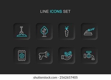 Set line Water tap, Leaf in hand, Garden hose, Pack full of seeds, Carrot, Tree and Shovel icon. Vector