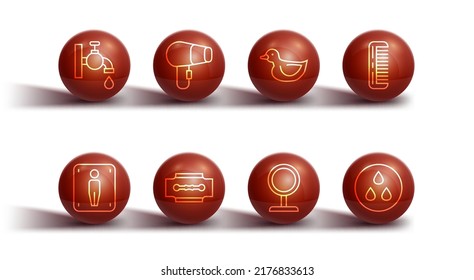 Set line Water tap, Male toilet, Hairbrush, Round makeup mirror, Blade razor, dryer, drop and Rubber duck icon. Vector