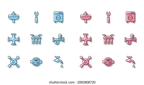 Set line Water tap, meter, Washbasin, filter, Industry metallic pipe,  and Wrench spanner icon. Vector