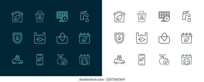 Set line Water tap, Mobile phone with leaf, Iceberg, Apple, Shopping bag recycle, Solar energy panel, Eco friendly house and Infectious waste icon. Vector