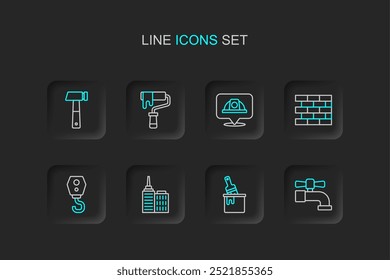 Set-Linie Wasserhahn, Lackeimer mit Pinsel, Stadtlandschaft, Kranhaken, Ziegel, Arbeiter Schutzhelm, Rolle und Hammer-Symbol. Vektorgrafik