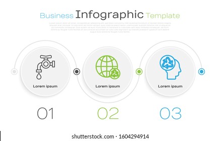 Set line Water tap, Planet earth and a recycling and Human head with recycle. Business infographic template. Vector