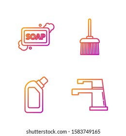 Set line Water tap , Plastic bottles for liquid dishwashing liquid, Bar of soap with foam  and Handle broom . Gradient color icons. Vector