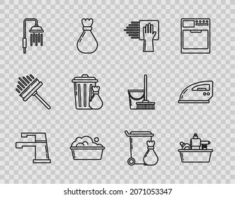 Set line Water tap, Plastic bottles for liquid dishwashing liquid, Cleaning service, basin with soap suds, Shower head water drops flowing, Trash can and garbage bag,  and Electric iron icon. Vector