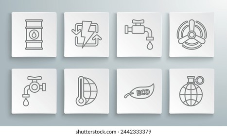 Set line Water tap, Recharging, Meteorology thermometer measuring, Leaf Eco symbol, Planet earth and recycling, Wind turbine and Oil barrel line icon. Vector