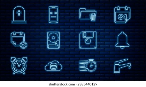 Fijar la línea Grifo de agua, Sonido, Borrar carpeta, Disco duro, Calendario con marca de verificación, Cruz de lápida, Disquete e Icono móvil muerto. Vector