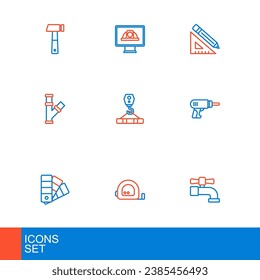 Set line Water tap, Roulette construction, Color palette guide, Electric drill machine, Industry metallic pipe, Crane hook, Triangular ruler and pencil and Worker safety helmet icon. Vector