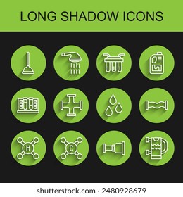 Set line Water tap, Rubber plunger, Pipe adapter, Heated towel rail, Industry metallic pipe,  and drop icon. Vector