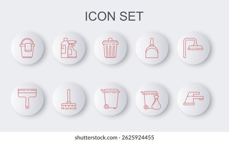 Set line Water tap, Rubber cleaner for windows, Trash can, and garbage bag, Bucket with rag, Bottles cleaning agent, Handle broom and  icon. Vector