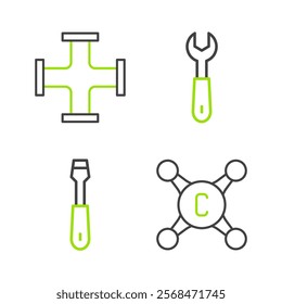 Set line Water tap, Screwdriver, Wrench spanner and Industry metallic pipe icon. Vector