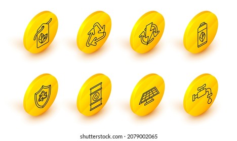 Set line Water tap, Solar energy panel, Oil barrel line, Recycle symbol inside shield, Recycling plastic bottle, Recharging,  and Tag with leaf icon. Vector