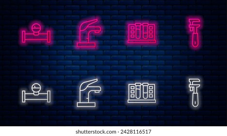 Set line Water tap, Test tube with water drop, Industry pipe and manometer and Pipe adjustable wrench. Glowing neon icon on brick wall. Vector