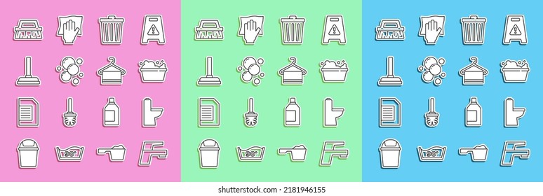 Set Line Water Tap, Toilet Bowl, Basin With Soap Suds, Trash Can, Soap Water Bubbles, Rubber Plunger, Brush For Cleaning And Towel On Hanger Icon. Vector