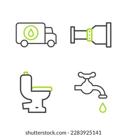 Set line Water tap, Toilet bowl, Pipe adapter and Plumber service car icon. Vector