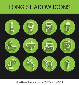 Set line Water tap, Toilet brush, Wrench spanner, Washbasin, Washer and supply pipes icon. Vector