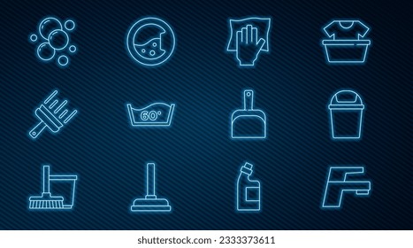 Set line Water tap, Trash can, Cleaning service, Temperature wash, Rubber cleaner for windows, Soap water bubbles, Dustpan and Washer icon. Vector