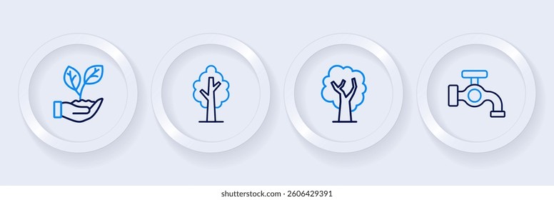 Set line Water tap, Tree,  and Leaf in hand icon. Vector