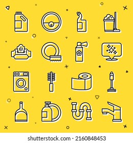 Set line Water tap, Vacuum cleaner, Home cleaning service, Dishwashing liquid bottle, Washing dishes, Wet wipe pack, Bottle for agent and Air freshener spray icon. Vector