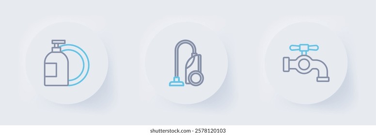 Set line Water tap, Vacuum cleaner and Dishwashing liquid bottle icon. Vector