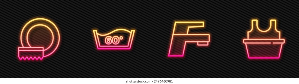 Set line Water tap, Washing dishes, Temperature wash and Basin with shirt. Glowing neon icon. Vector