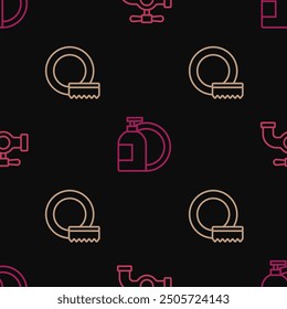 Set line Water tap, Washing dishes and Dishwashing liquid bottle on seamless pattern. Vector