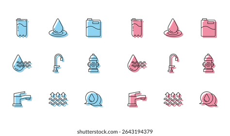 Set line Water tap, Waves of water and evaporation, filter cartridge, drop, Fire hydrant, Recycle clean aqua and  icon. Vector