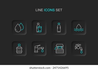 Set line Water tap, Well, Big bottle with clean water, drop, Bottle of, glass and  icon. Vector