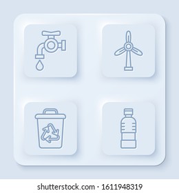 Set line Water tap, Wind turbine, Recycle bin with recycle symbol and Bottle of water. White square button. Vector