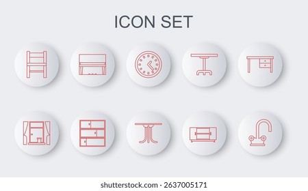 Set line Water tap, Window with curtains, Clock, TV table stand, Chair, Grand piano, Shelf and Round icon. Vector