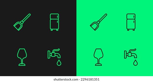 Set line Water tap, Wine glass, Dustpan and Refrigerator icon. Vector